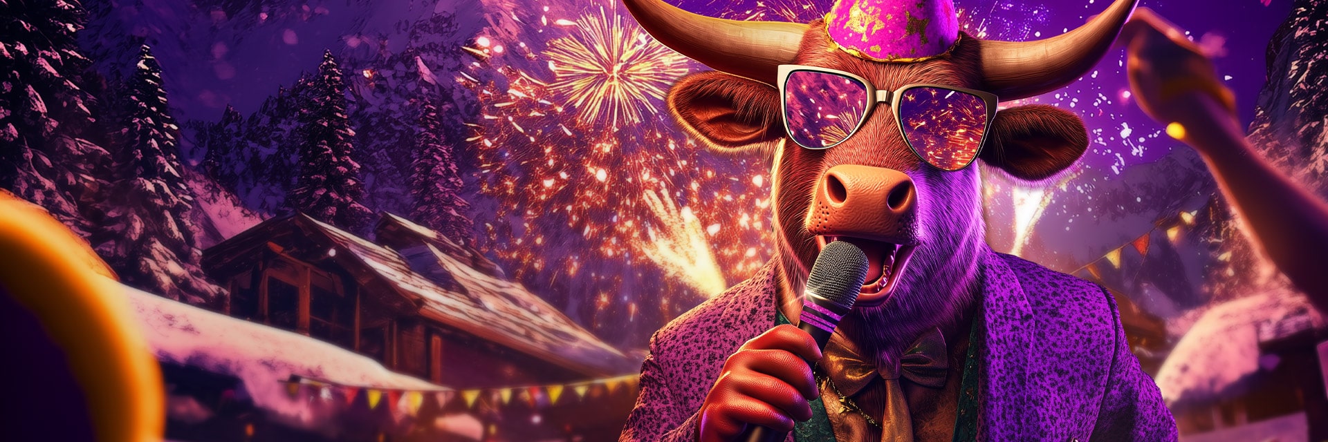 The Stalet bull celebrates New Year's Eve 2026 in Livigno Singing into the Microphone