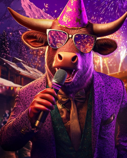 The Stalet bull celebrates New Year's Eve 2026 in Livigno Singing into the Microphone