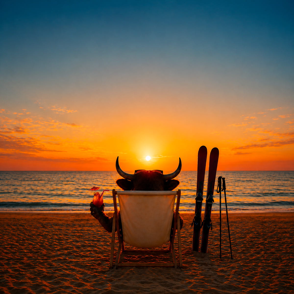 The Stalet bull is on the beach by the sea with a drink