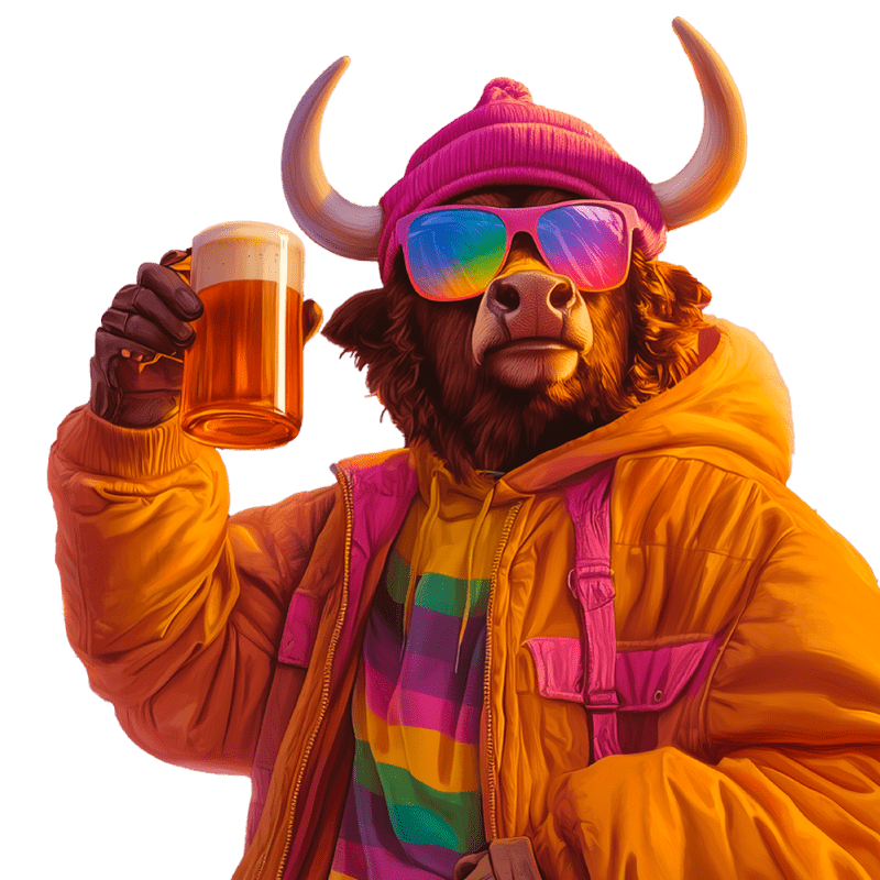 Stalet Bull with Colourful Ski Suit Toasts with a Beer