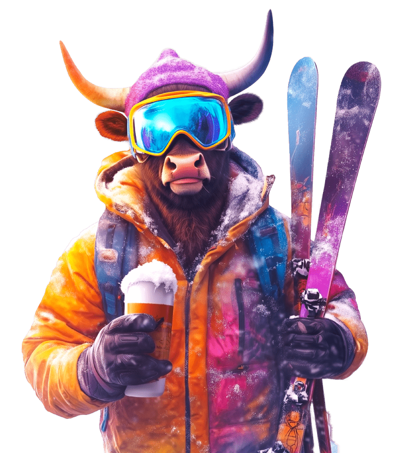 Toro Stalet with Backpack, Sunglasses, Ski in One Hand and Beer in the Other